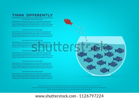 Think different business concept illustration, fish jumping outside the aquarium