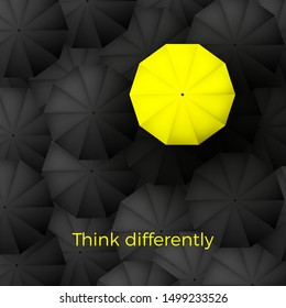 Think different business concept. One yellow unique parasol excel black umbrellas on background. Vector illustration