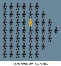 Think different business concept, unique man going to opposite direction. Vector illustration.