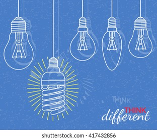 Think different concept. Background with bulbs and grunge texture. Vector illustration