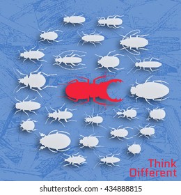 Think different concept. Background with many insects and wooden texture. Vector illustration