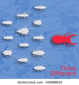 Think different concept. Background with many insects and wooden texture. Vector illustration