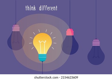 Think different, concept banner. One luminous bulb among extinct ones. Search for new business ideas for projects and startups. Brainstorming, creative thinking. Successful finding of fresh idea.