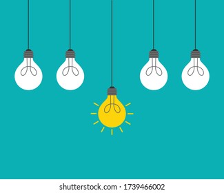Think different concept with bright light bulb hanging. Business idea to success. vector illustration in flat design. isolated on blue background