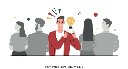 Think different concept. Man with idea stands out from grey crowd, creative person and genius with insight. Unusual character, entrepreneur develops start up. Cartoon flat vector illustration