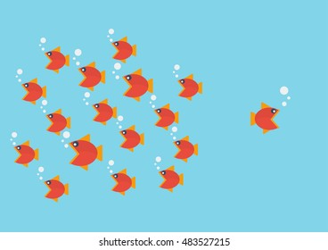 Think different concept. One unique different fish swimming opposite way