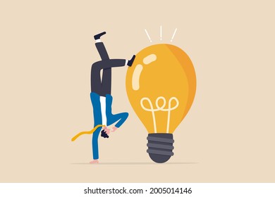 Think different to create unique idea, try another solution to solve business problem, creativity to develop and discover new thing, businessman try different pose to think with idea light bulb.