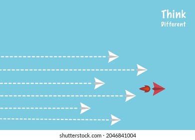 Think different design vector and illustration. The red paper plane lead a fleet of white planes. 