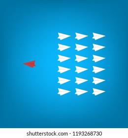 Think different. Think differently concept - One red unique different paper plane flying opposite way of identical white ones. Courage, confidence, success, crowd and creativity concept. EPS 10 vector