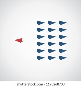 Think different. Think differently concept - One red unique different paper plane flying opposite way of identical blue ones. Courage, confidence, success, crowd and creativity concept. EPS 10 vector 