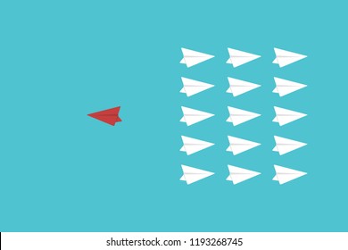 Think different. Think differently concept - One red unique different paper plane flying opposite way of identical white ones. Courage, confidence, success, crowd and creativity concept. EPS 10 vector