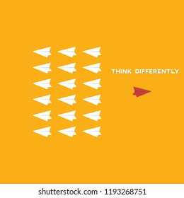 Think different. Think differently concept - One red unique different paper plane flying opposite way of identical white ones. Courage, confidence, success, crowd and creativity concept. EPS 10 vector