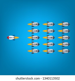 Think different. Think differently concept - One red unique different rocket flying opposite way of identical gray ones. Courage, confidence, success, crowd and creativity concept. EPS 10 vector 