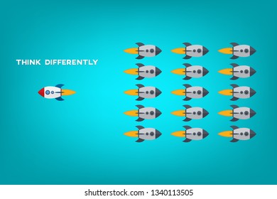 Think different. Think differently concept - One red unique different rocket flying opposite way of identical gray ones. Courage, confidence, success, crowd and creativity concept. EPS 10 vector 