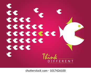 Think Different. Fish break free from shoal. Entrepreneur concept