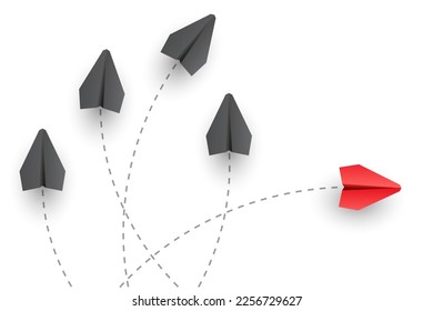 Piensa diferente. Concepto de individualidad. El avión de papel rojo, único y único líder, vuela a un lado. Ilustración del vector 