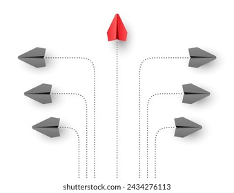 'Think different' - individuality concept. Individual and unique leader paper plane flies forward. Vector illustration 