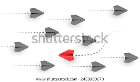 Think different - individuality concept. Individual and unique leader paper plane flies to the side. Vector illustration