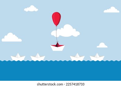 Think different, innovation to alternate from recurring conventional wondering concept, stand out origami paper boat flying with air balloon in specific course in preference to observe others