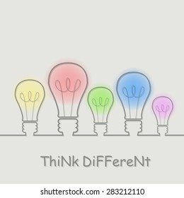 Think Different. Motivation concept. Row of light bulbs with one different from the others. Vector illustration.