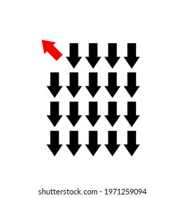 Think different One red arrow going to the bright light away from other down arrow directions on white