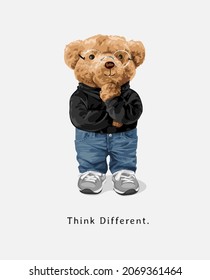 think different slogan with bear doll in black sweater and glasses vector illustration