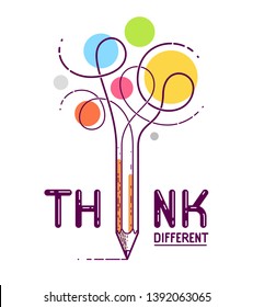 Think different word with pencil instead of letter I, ideas and brainstorm concept, vector conceptual creative logo or poster made with special font.