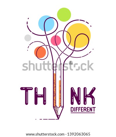 Think different word with pencil instead of letter I, ideas and brainstorm concept, vector conceptual creative logo or poster made with special font.