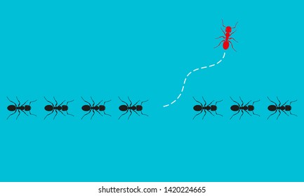 Think differently. Ants marching or walking and one changing direction. Different, unique, leadership, change, new idea, new path, innovation, be yourself business concept. Vector illustration.