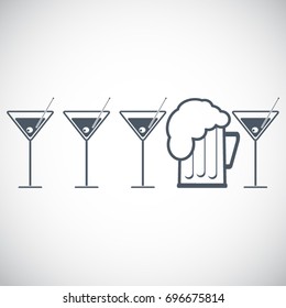 Think differently - beer stands out from the crowd of drinks, vector illustration