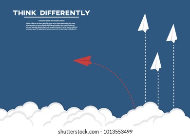Think differently - Being different, move for success in life. Red airplane changing direction and white ones. New idea, change, trend, courage, creative solution, innovation and unique way concept.
