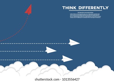 Think differently - Being different, move for success in life. Red airplane changing direction and white ones. New idea, change, trend, courage, creative solution, innovation and unique way concept.
