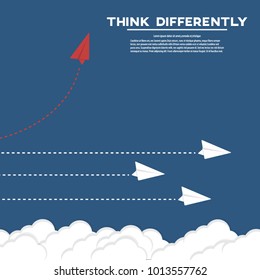 Think differently - Being different, move for success in life. Red airplane changing direction and white ones. New idea, change, trend, courage, creative solution, innovation and unique way concept.
