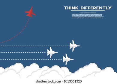 Think differently - Being different, move for success in life. Red airplane changing direction and white ones. New idea, change, trend, courage, creative solution, innovation and unique way concept.
