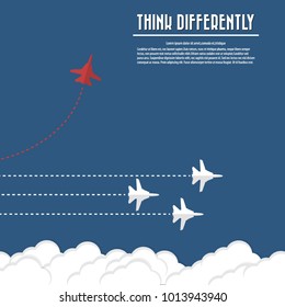 Think differently - Being different, move for success in life. Red airplane changing direction and white ones. New idea, change, trend, courage, creative solution, innovation and unique way concept.
