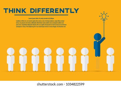 Think differently - Being different, move for success in life - flying out from the crowd by light bulb of idea