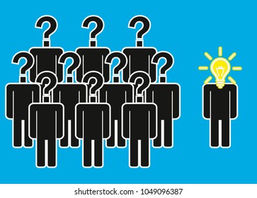 Think differently - Being different, move for success in life - flying out from the crowd by light bulb of idea