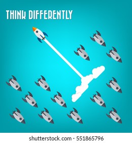 Think differently - Being different, move for success in life -The graphic of rocket represents the concept of courage, enterprise, confidence, belief, fearless, daring,stand out of the crowd concept