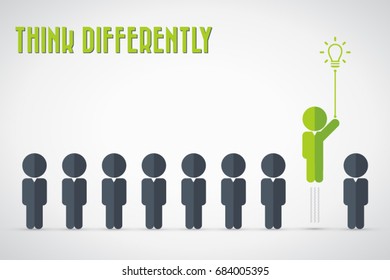 Think differently - Being different, move for success in life - flying out from the crowd by light bulb of idea