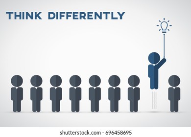 Think differently - Being different, move for success in life - flying out from the crowd by light bulb of idea
