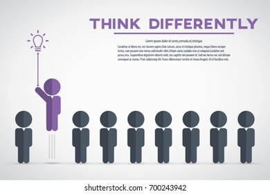 Think differently - Being different, move for success in life - flying out from the crowd by light bulb of idea