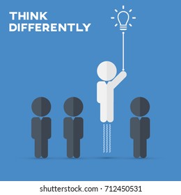 Think differently - Being different, move for success in life - flying out from the crowd by light bulb of idea