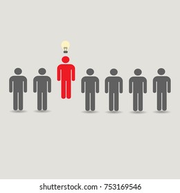 Think differently - Being different, move for success in life - flying out from the crowd by light bulb of idea