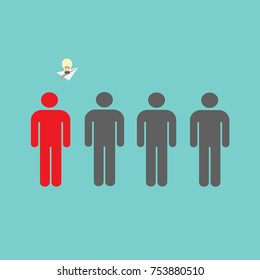 Think differently - Being different, move for success in life - flying out from the crowd by light bulb of idea