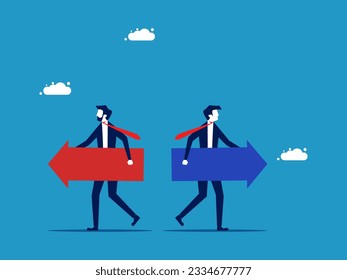 Think differently in business. Businessman holding an arrow pointing in different directions 