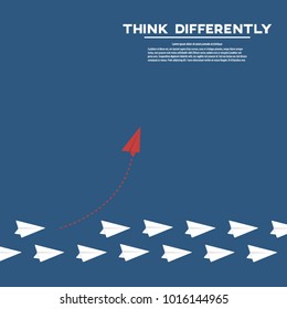 Think differently business concept illustration, Red airplane changing direction and white ones. New idea, change, trend, courage, creative solution, innovation and unique way concept.