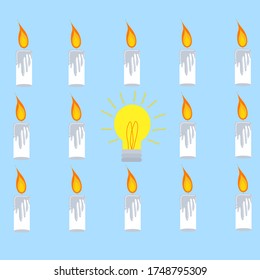 Think differently concept.The burning candles and a light bulb.Leadership.Creative lamp idea concept background.Religious ceremony.