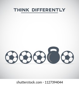 Think differently concept. Ketllebell stands out from the soccer ball crowd. EPS10 vector