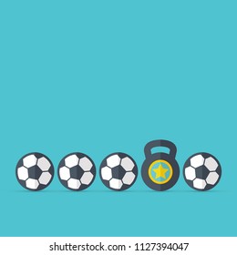 Think differently concept. Ketllebell stands out from the soccer ball crowd. EPS10 vector