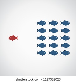 Think differently concept. One red unique different fish swimming opposite way of identical blue ones. Courage, confidence, success, crowd and creativity concept. EPS 10 vector illustration.
